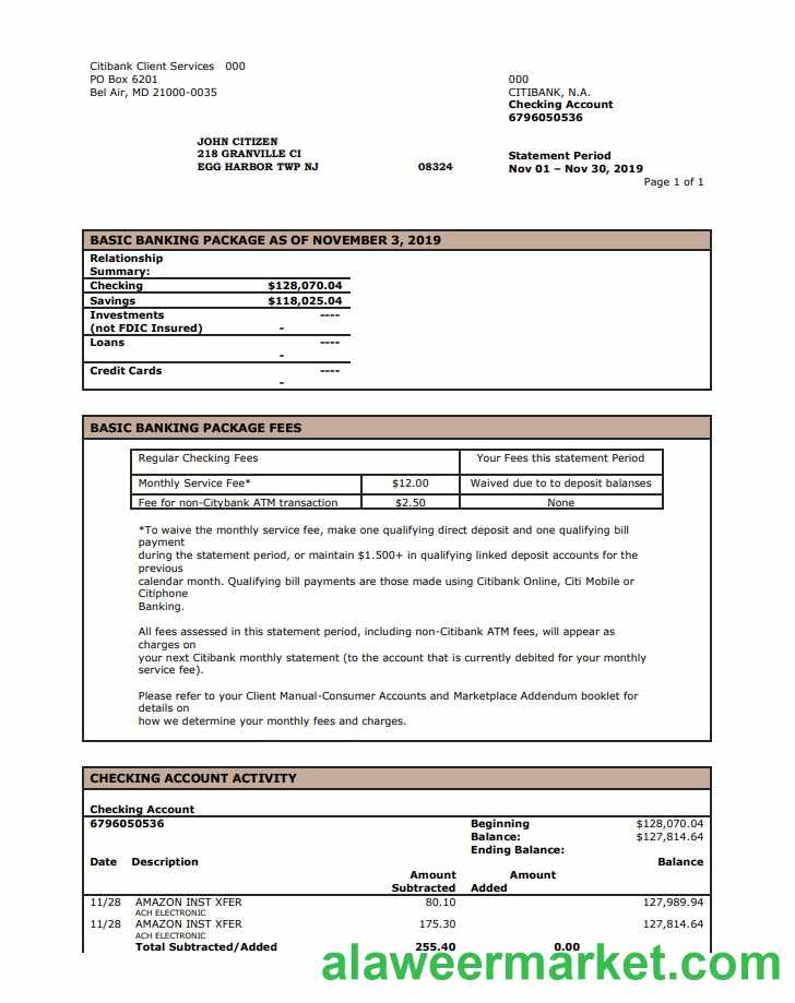 USA City Bank statement template in Word and PDF format